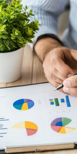 An entrepreneur is reviewing a business plan with a focus on charts, graphs, and data analysis. The image symbolizes growth, strategy, planning, success, and financial intelligence.